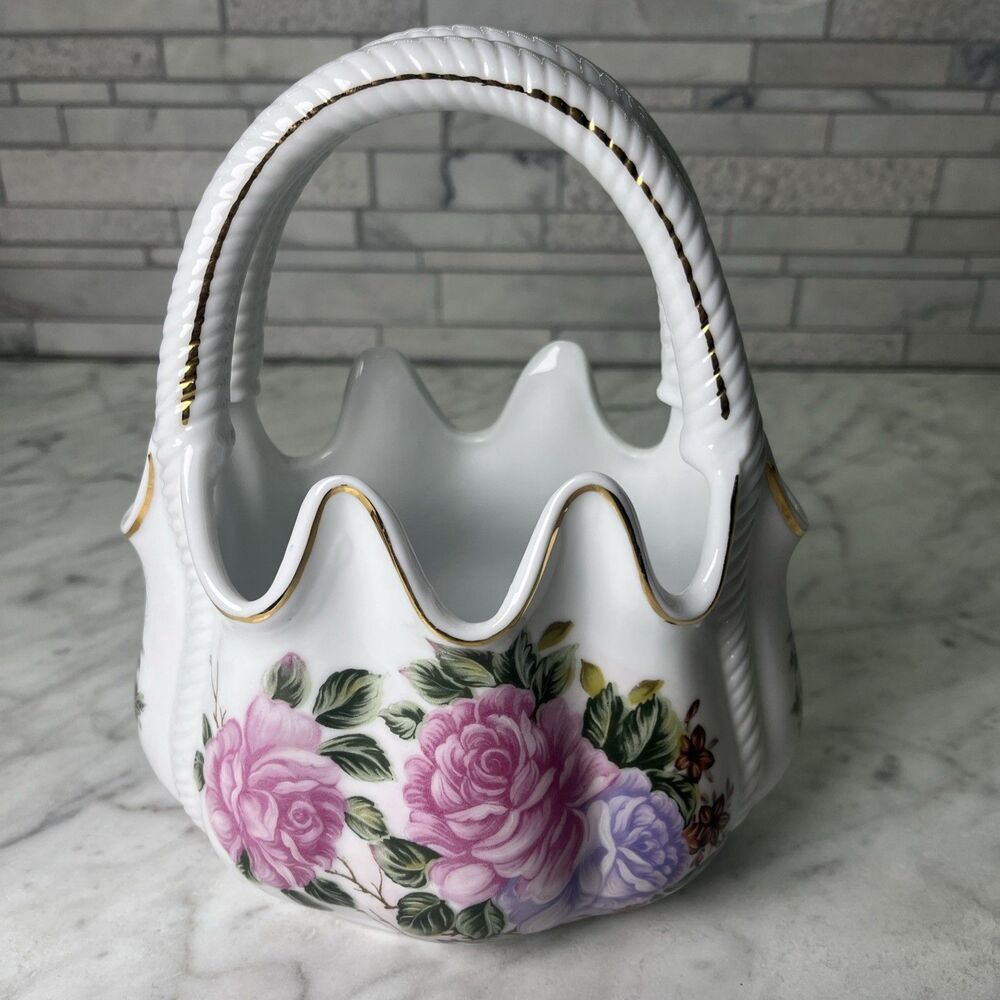 Victorian Rose Collection porcelain basket, Planter Formalities by Baum Bros